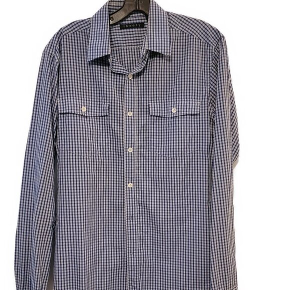 Theory men's mini check blue button down shirt - sz S - Picture 2 of 4